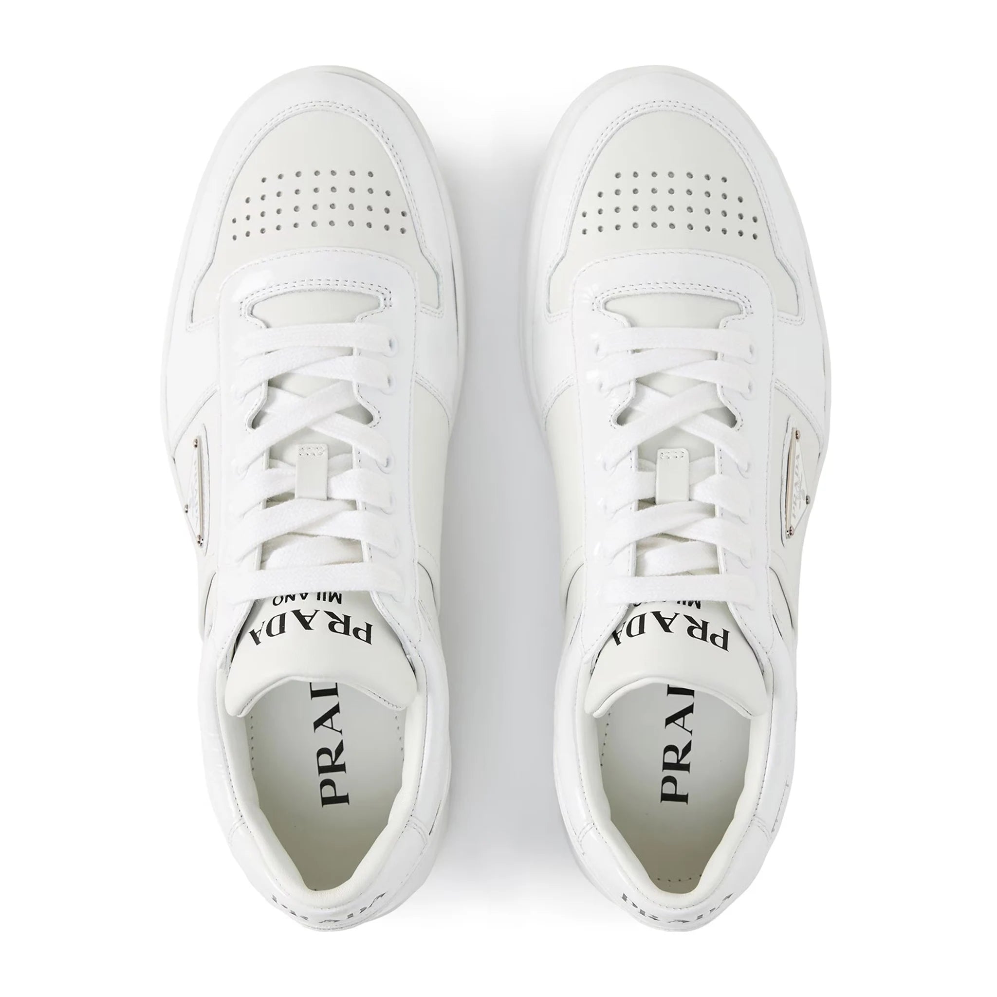 Top view of Prada Downtown Leather Low Top White Sneaker